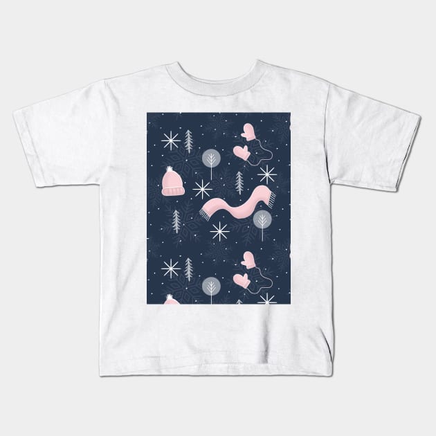 Winter hats, scarves and mitts pattern in navy and pink Kids T-Shirt by Quick Brown Fox Canada 